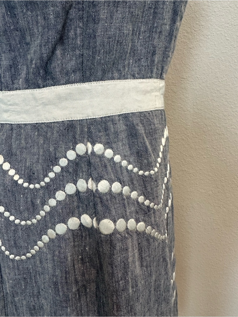 Boden Linen Blue A-Line Denim Dress with White Wave Dot Trim Cotton Lined US 6L - Picture 7 of 10